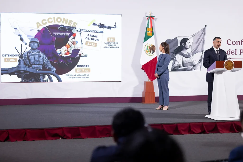 During the morning conference of President Claudia Sheinbaum Pardo, the Minister of Security and Citizen Protection, Omar García Harfuch presented the progress made by Mexico’s National Security Strategy. Photo: Goverment of Mexico