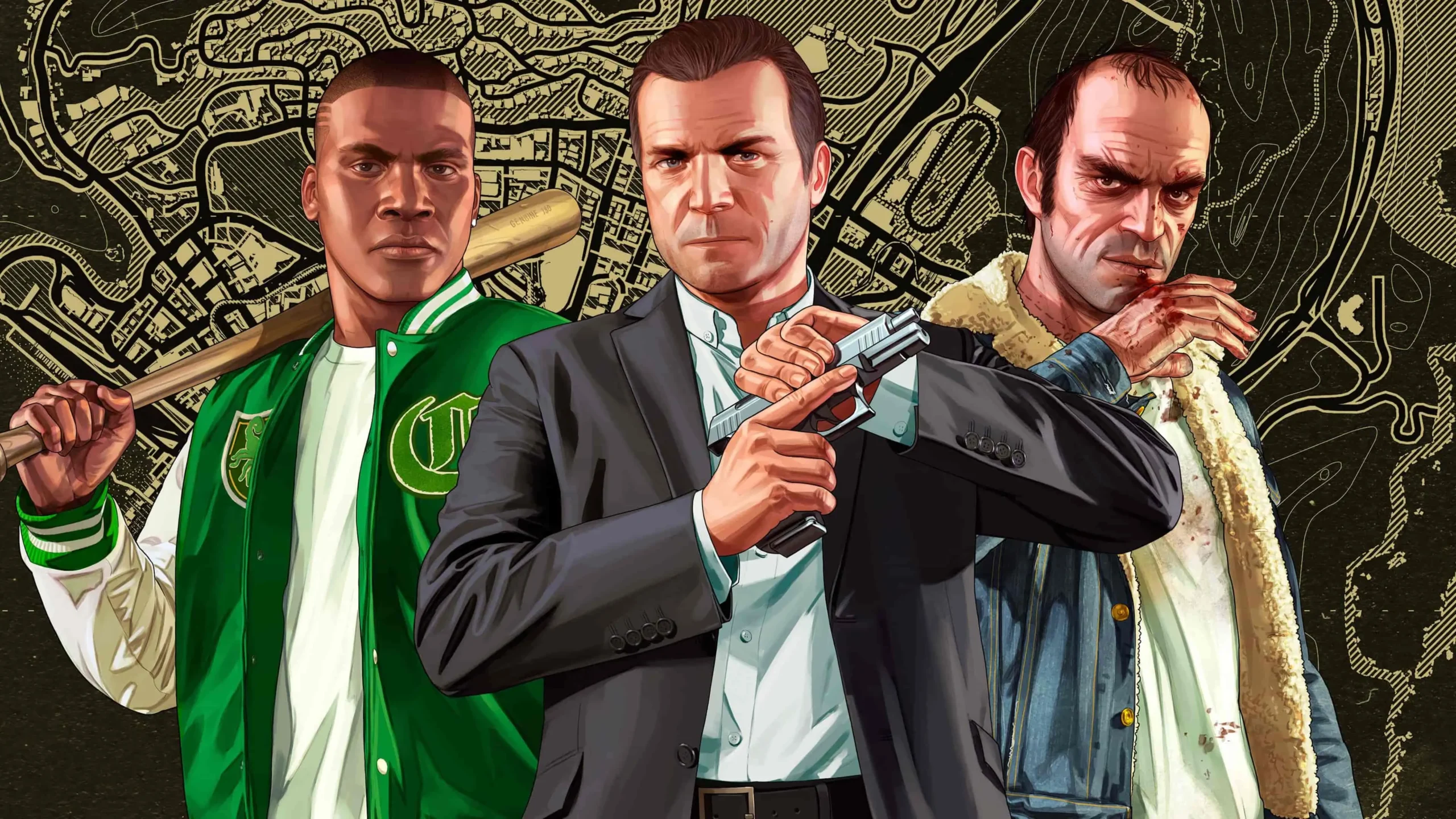 Official illustration of the three main characters in GTA 5. Rockstar Games official site.