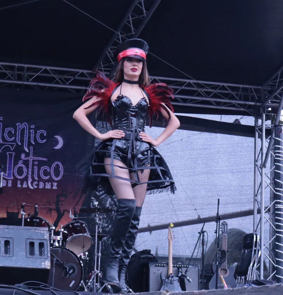 Model walking the gothic fashion runway. Tlahuac, Mexico City, May 17, 2025. Hans Leguízamo / MXPA
