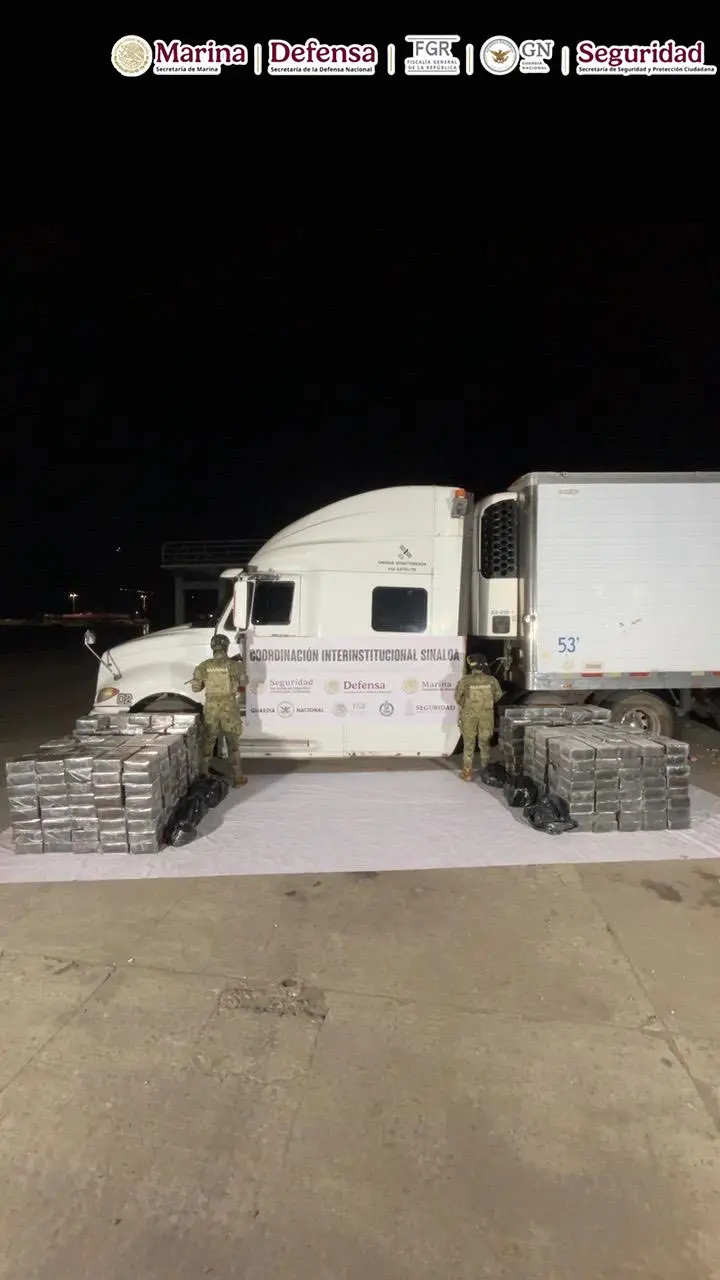As a result of surveillance, inspection, and control operations at the Ferry Terminal of the Port of Mazatlán, Sinaloa, 1.5 Tons of Methamphetamines Hidden in the Double Bottom of a Tractor-Trailer were seized. Photo: Semar