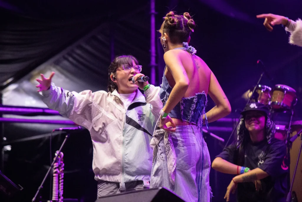 Azuky (in white) and Mena, in a freestyle performance, Mexico City, September 6. Hans Leguízamo / MxPA.