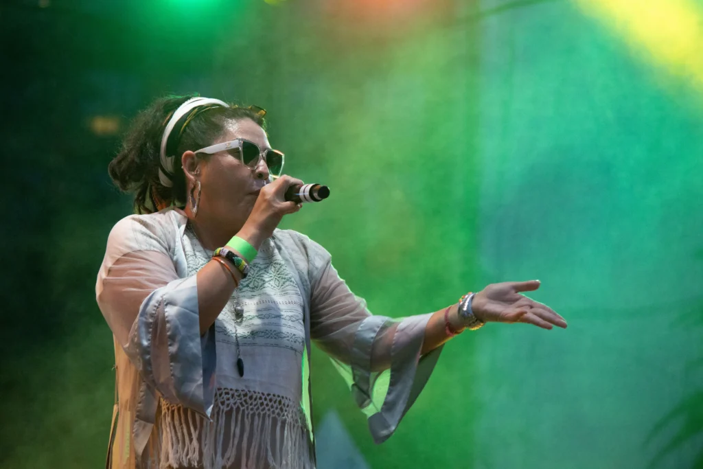 Mitze Maíz, vocalist of Sangre Máiz, on the esplanade of the Monument to the Revolution during the Corn Fair. Mexico City, September 28, 2025. Hans Leguízamo / MxPA.