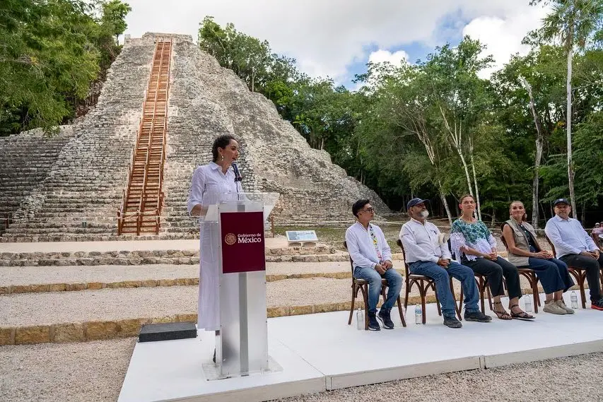 During the inauguration of the new stairway to Nohoch Mul, Minister of Culture Claudia Curiel de Icaza also inaugurated the new Service Unit at the archaeological site. Photo: X @ccurieldeicaza