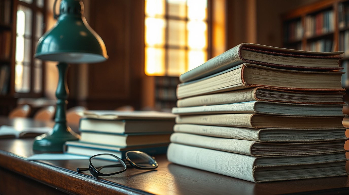 Stack of Carlos Fuentes novels on a wooden desk beside a reading lamp