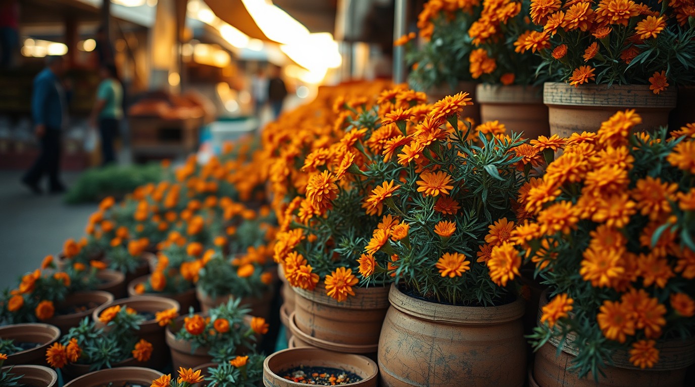 Cempasúchil marigold pots stacked at a Mexico City market before Day of the Dead
