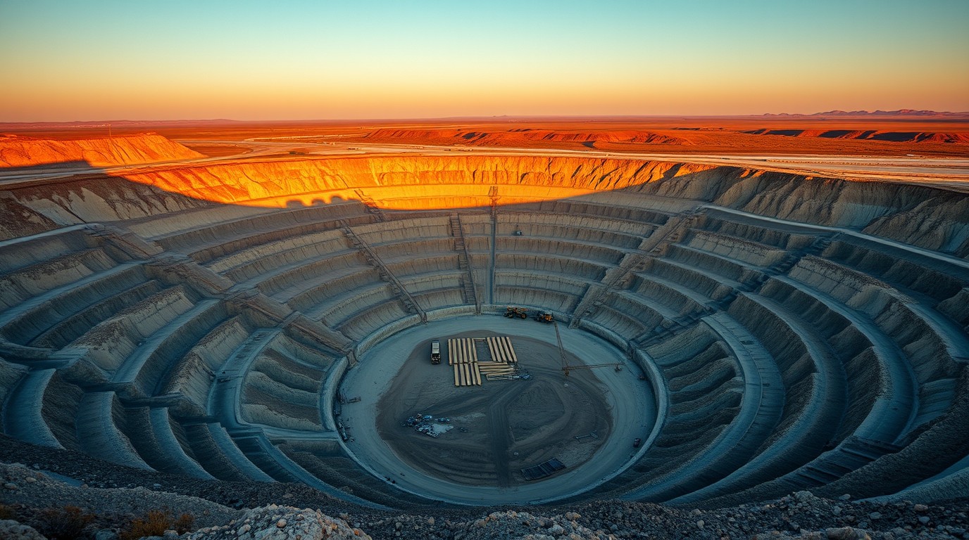 Asarco copper mine in Arizona with haul trucks at golden hour