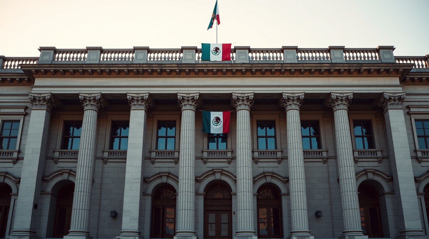 Mexico Senate building exterior in Mexico City at sunrise, flag above stone facade