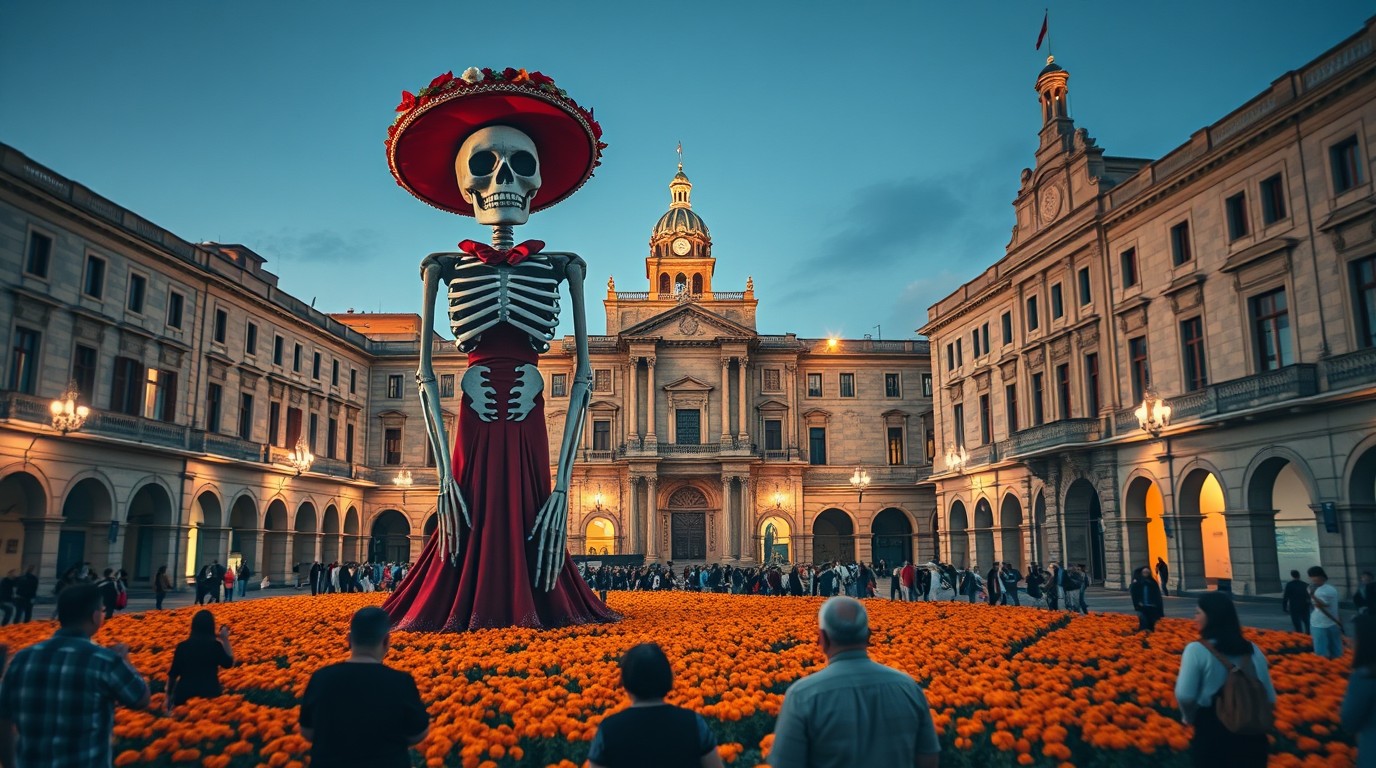Monumental cartonería Catrina on a cempasúchil carpet in a colonial plaza at dusk