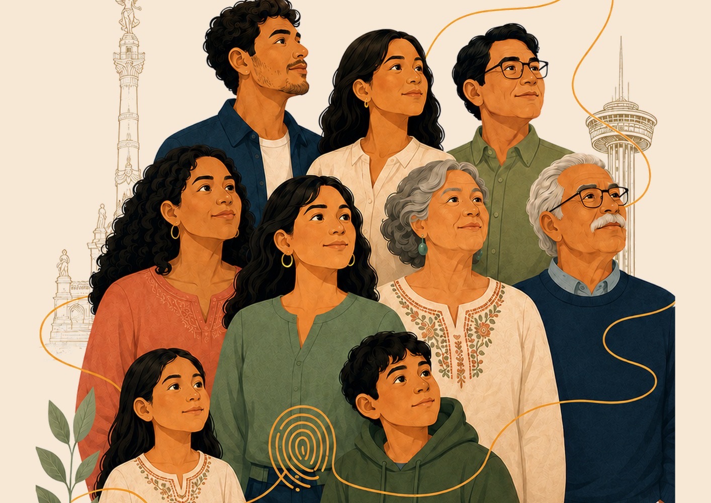 Illustration of the II Con-ALMA 2026 Forum: Mexican American families across several generations in front of the Angel of Independence and the Tower of the Americas in San Antonio