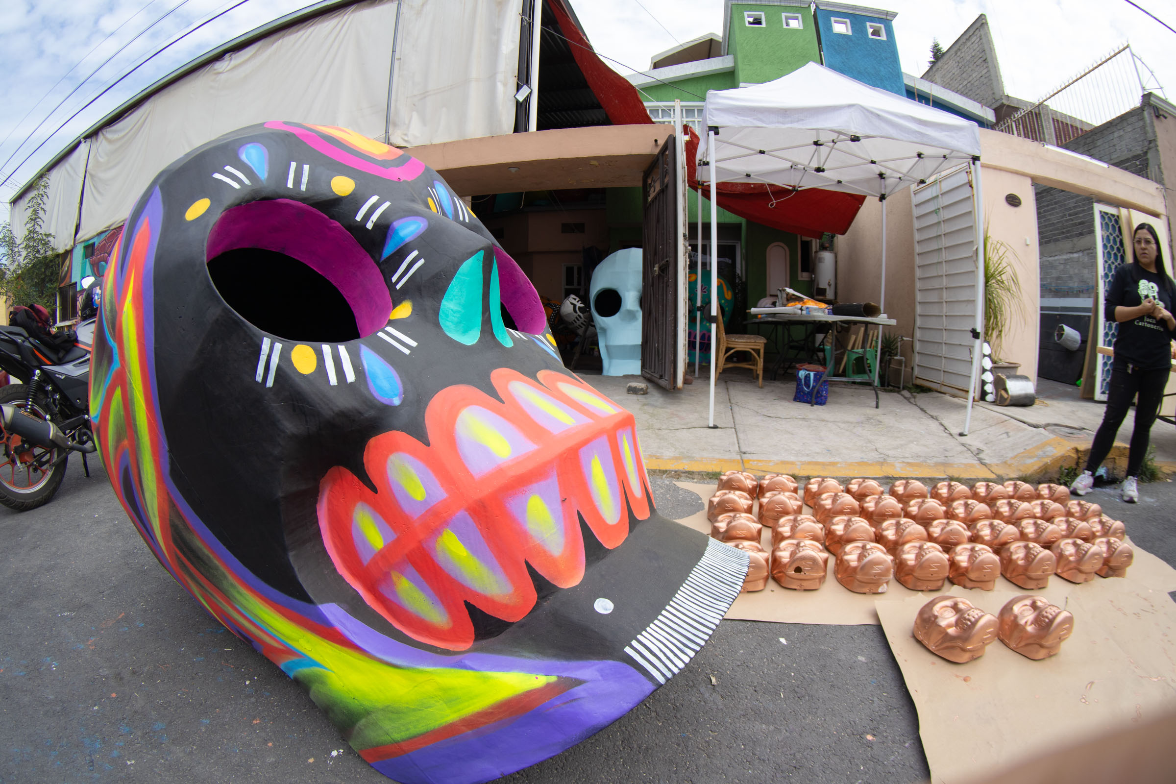 Giant calavera figures displayed on the streets of the Tláhuac borough in Mexico City