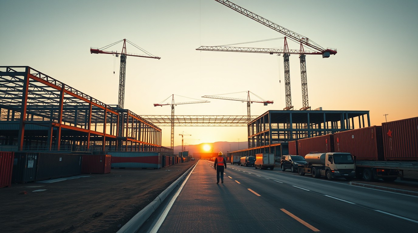 Industrial plant under construction with cranes and containers at sunrise