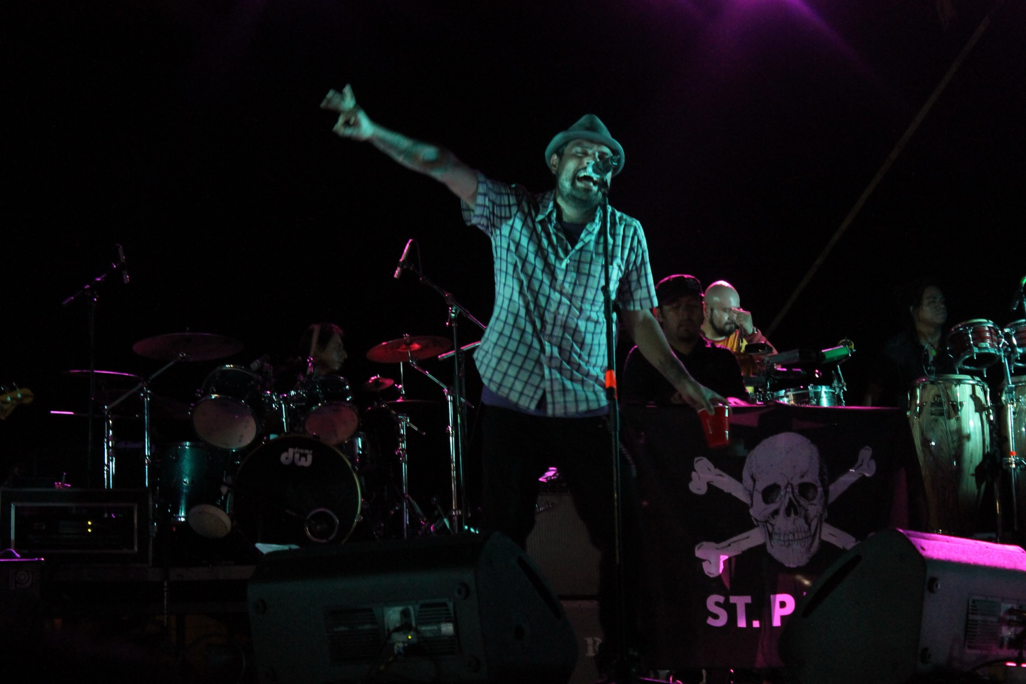 Dr. Shenka, vocalist of Panteón Rococó, sings with his arm raised during a concert