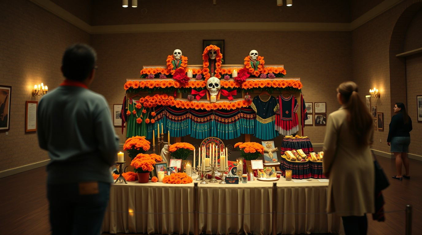 Ofrenda de Día de Muertos con cempasúchil y trajes de baile folclórico en una sala de museo
